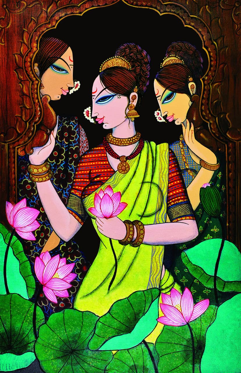 Traditional Indian art depicting women with lotuses